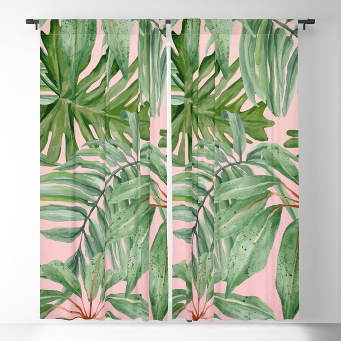 Tropical art,Palmtree,monstera pattern,pink background Blackout Curtain