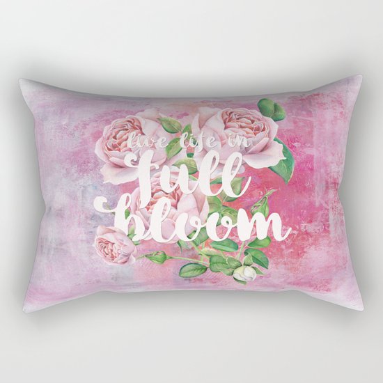 Live life in full bloom - Typography and Rose Watercolor Illustration Rectangular Pillow