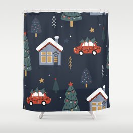 Christmas seamless pattern with christmas tree,car and houses on dark blue background. Hand drawn Holiday endless texture Shower Curtain