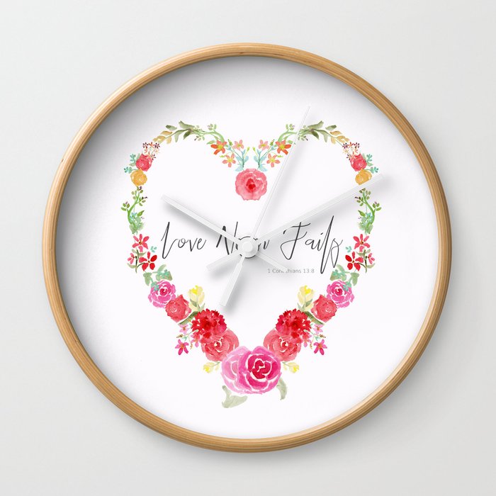 Love Never Fails Floral Heart Wall Clock