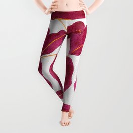 Ruby and gold leaves watercolor illustration Leggings