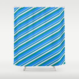 [ Thumbnail: Beige, Dark Cyan, and Blue Colored Lined Pattern Shower Curtain ]