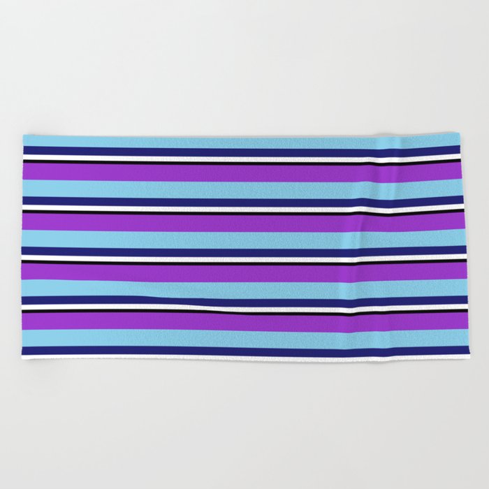 Vibrant Dark Orchid, Sky Blue, Midnight Blue, White & Black Colored Pattern of Stripes Beach Towel