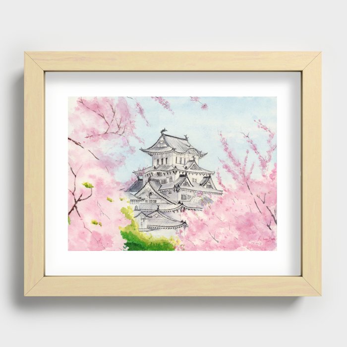 Himeji Castle , Art Watercolor Painting print by Suisai Genki , cherry blossom , Japanese Castle Recessed Framed Print