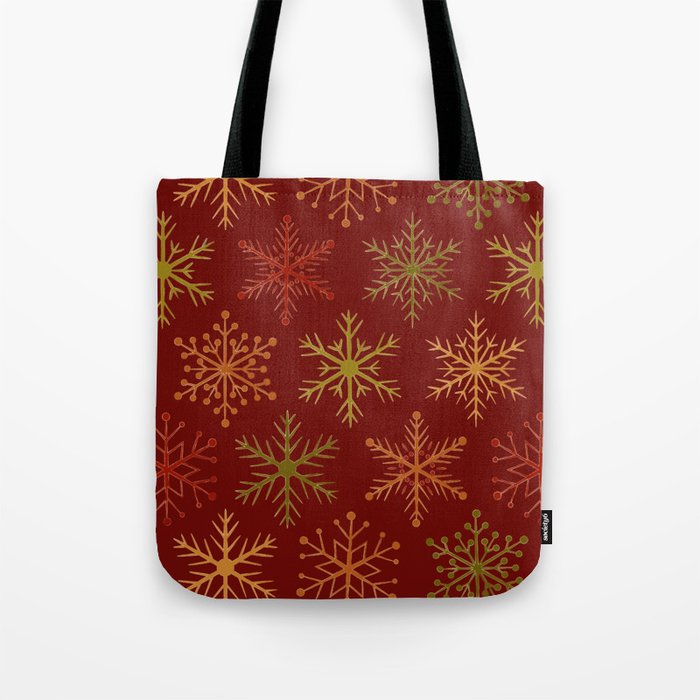 Frosty Snowflakes in Red, Green & Gold on Wintery Red Background Tote Bag