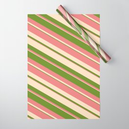 [ Thumbnail: Bisque, Green, and Light Coral Colored Striped/Lined Pattern Wrapping Paper ]
