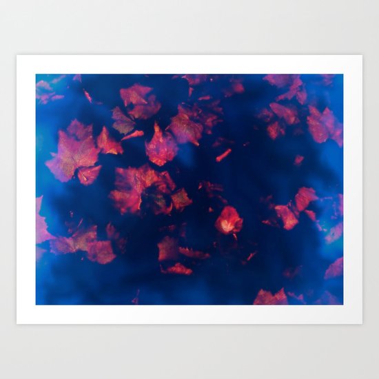 Rusty red falling leaves in dark blue water Art Print