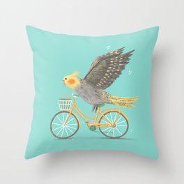 Cockatiel on a Bicycle Throw Pillow