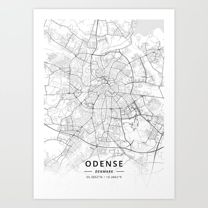 Odense Denmark Light Map Art Print By Designer Map Art Society6