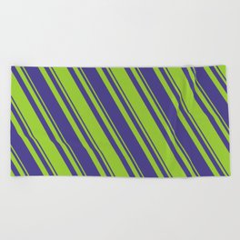 [ Thumbnail: Dark Slate Blue and Green Colored Stripes Pattern Beach Towel ]
