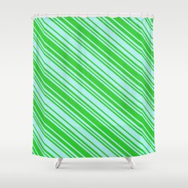 [ Thumbnail: Turquoise & Lime Green Colored Pattern of Stripes Shower Curtain ]