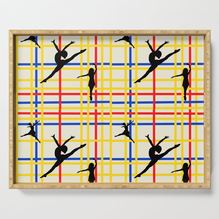Dancing like Piet Mondrian - New York City I. Red, yellow, and Blue lines on the light yellow background Serving Tray