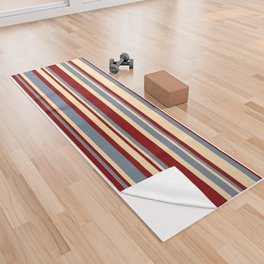 [ Thumbnail: Slate Gray, Tan, and Maroon Colored Striped/Lined Pattern Yoga Towel ]