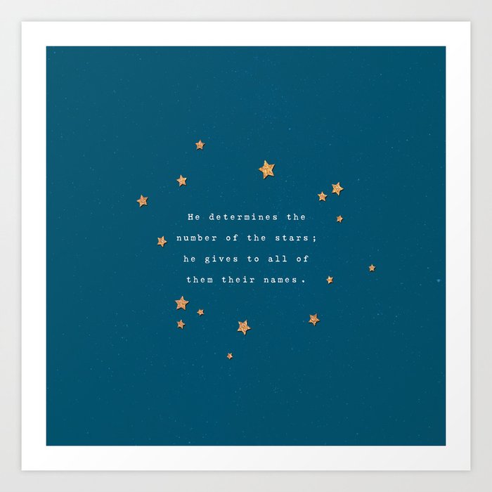 Psalm 147:4 Vintage Typography with Stars on Teal NEW Art Print