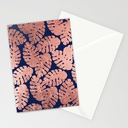 Elegant navy blue faux rose gold tropical leaves Stationery Card