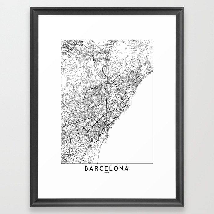 Barcelona White Map Framed Art Print by multiplicity | Society6