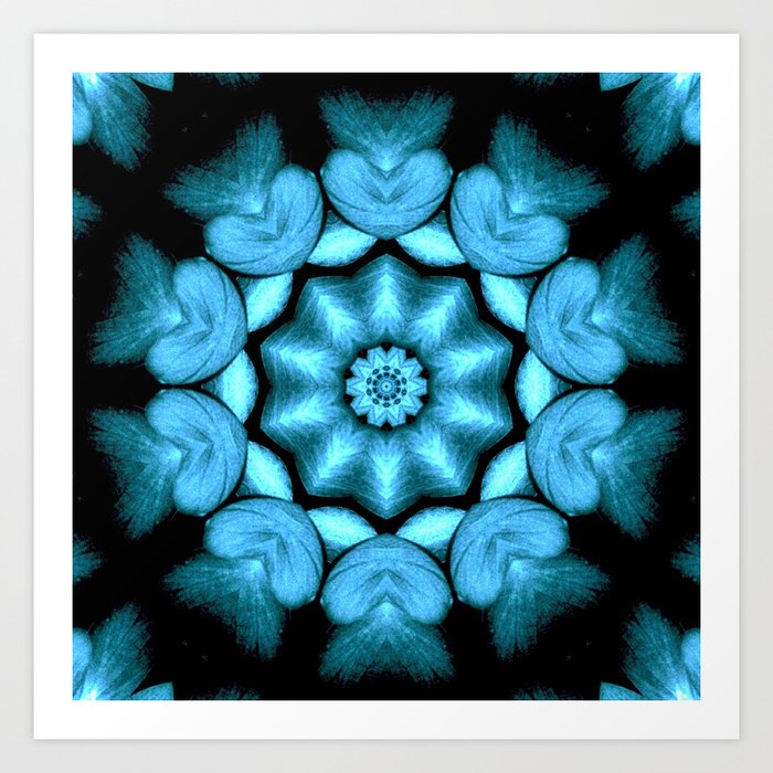 blue green heart mandala kaleidoscope pattern art print by costa