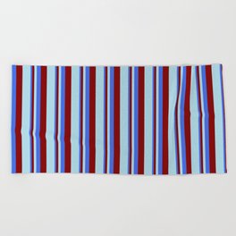 [ Thumbnail: Royal Blue, Maroon, and Light Blue Colored Lines Pattern Beach Towel ]