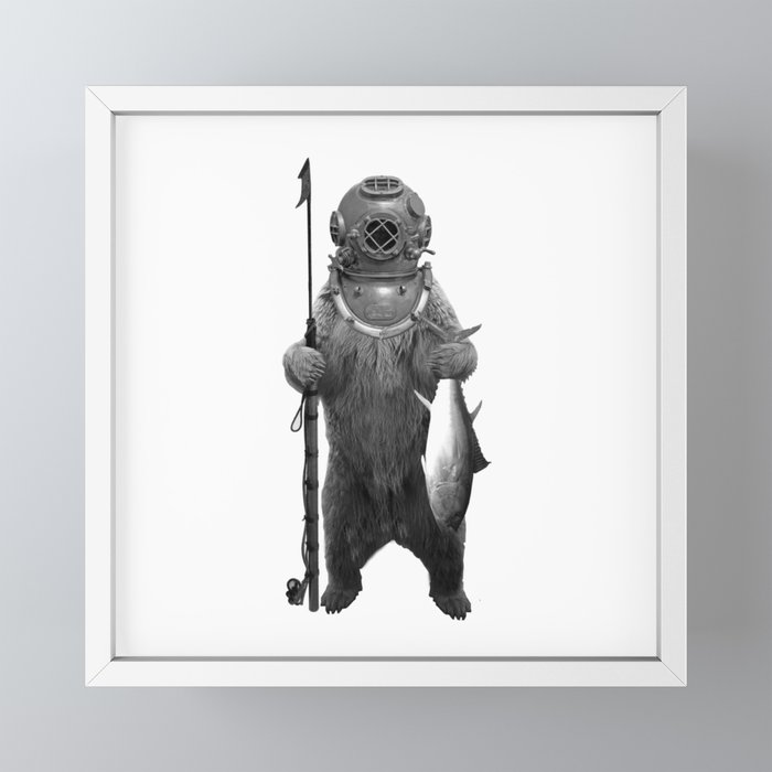 Harpoon Fishing Bear Framed Mini Art Print by Down Bubble