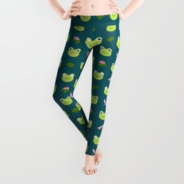 Frogs, Dragonflies and Lilypads on Teal Leggings