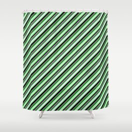 [ Thumbnail: Eye-catching Grey, Forest Green, Lavender, Green & Black Colored Stripes Pattern Shower Curtain ]