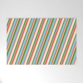 [ Thumbnail: Red, Beige, Green, and Sky Blue Colored Stripes Pattern Welcome Mat ]