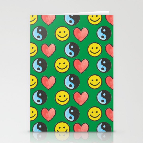 Hand-painted Y2K Symbols \\ Smiley | Heart | Yin Yang \\ Green BG Stationery Cards