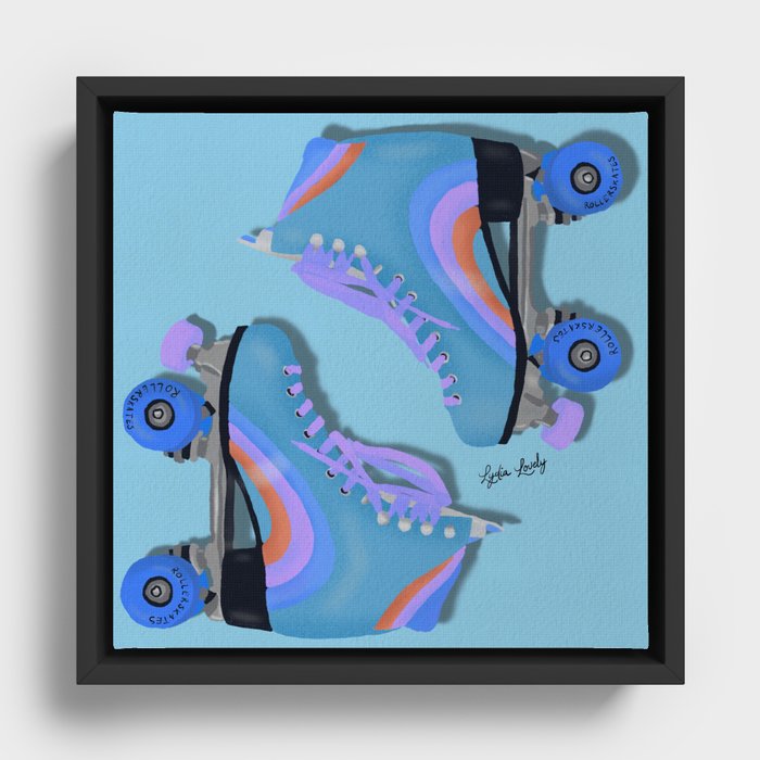 Roller skates blue- blue background Framed Canvas