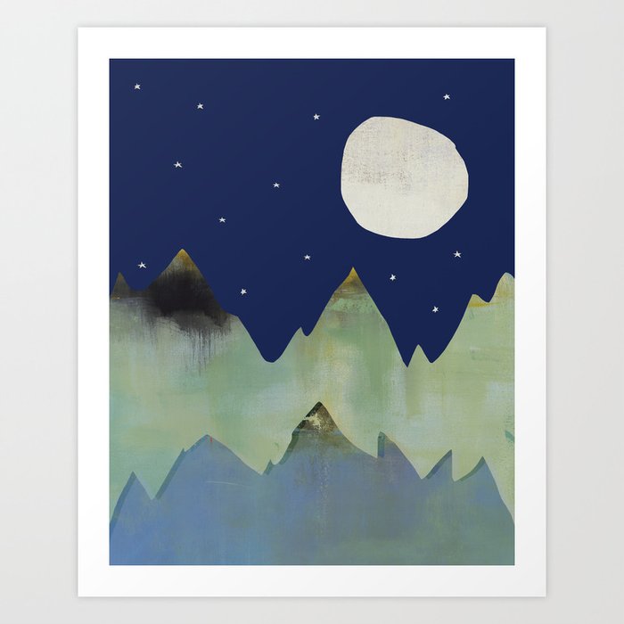 Full Moon Starry Night Sky Mountains Art Print