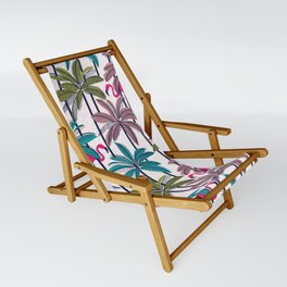 Retro vacation mode // white background highball green peacock blue and dry rose palm trees oxford navy blue lines fuchsia pink flamingos Sling Chair