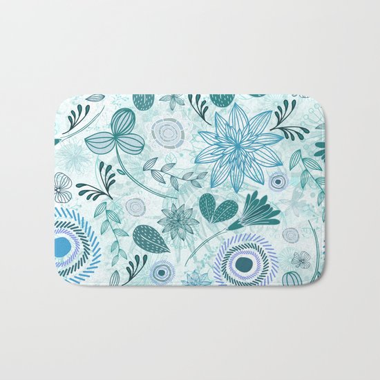 Teal Flowery Doodles Bath Mat