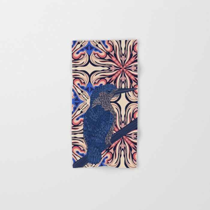 Gorgeous Kingfisher sitting on branch with patterned background Hand & Bath Towel
