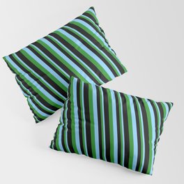 [ Thumbnail: Light Sky Blue, Forest Green & Black Colored Pattern of Stripes Pillow Sham ]