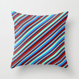 [ Thumbnail: Brown, Aquamarine, Blue, and Maroon Colored Striped/Lined Pattern Throw Pillow ]