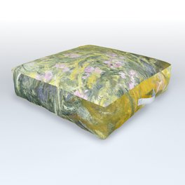 The Path through the Irises floral iris landscape painting by Claude Monet in alternate yellow Outdoor Floor Cushion