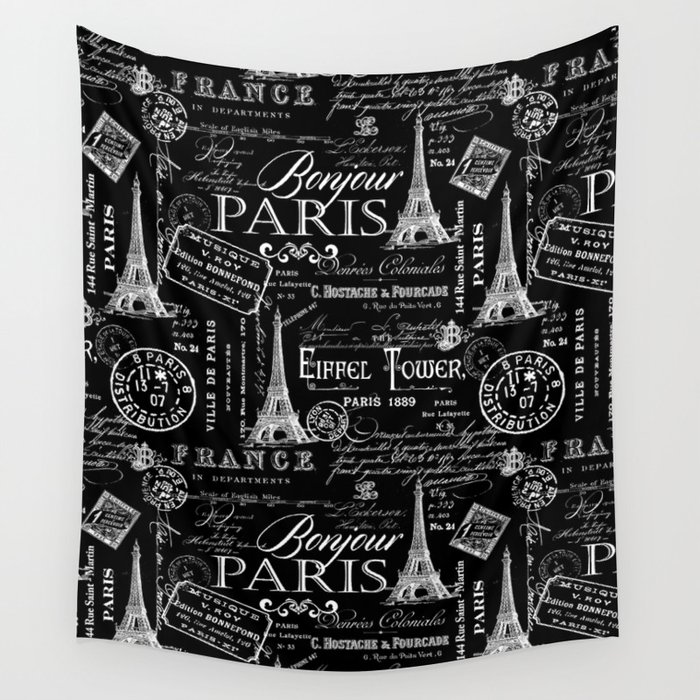 Vintage Paris French Lifestyle With Eiffel Tower Black And White Allover Pattern Wall Tapestry