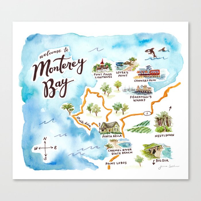Monterey Bay, CA Watercolor Map Canvas Print