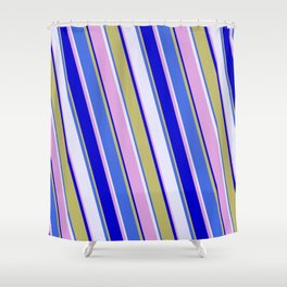 [ Thumbnail: Vibrant Royal Blue, Lavender, Plum, Blue, and Dark Khaki Colored Lined/Striped Pattern Shower Curtain ]