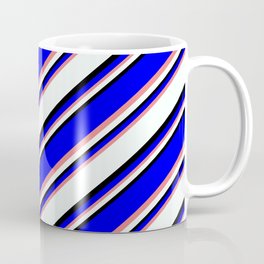 [ Thumbnail: Blue, Light Coral, Mint Cream & Black Colored Lined Pattern Coffee Mug ]