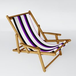 [ Thumbnail: Vibrant Tan, Dark Violet, Indigo, Black, and White Colored Pattern of Stripes Sling Chair ]