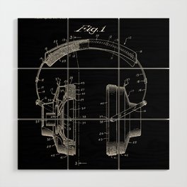 Headphones Patent - White on Black Wood Wall Art