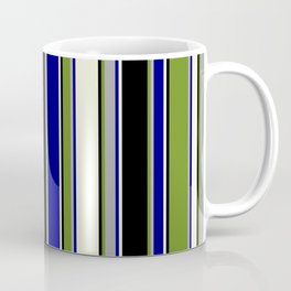 [ Thumbnail: Green, Dark Gray, Blue, Beige, and Black Colored Lined Pattern Coffee Mug ]