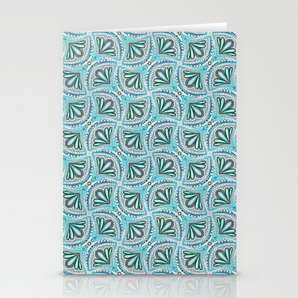Textured Fan Tessellations in Mint and Cyan Stationery Cards