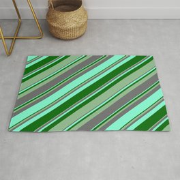 [ Thumbnail: Dim Gray, Aquamarine, Dark Green, and Dark Sea Green Colored Lines/Stripes Pattern Rug ]