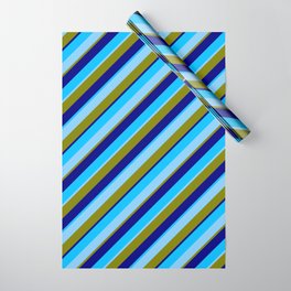 [ Thumbnail: Deep Sky Blue, Light Sky Blue, Green & Blue Colored Lined/Striped Pattern Wrapping Paper ]