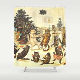 'Christmas Party Cats' by Louis Wain Vintage Cat Art Shower Curtain