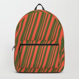 [ Thumbnail: Red and Dark Olive Green Colored Stripes Pattern Backpack ]
