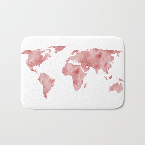 World Map Light Red Watercolor Bath Mat
