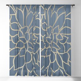 Floral Prints, Line Art, Navy Blue and Gold Sheer Curtain