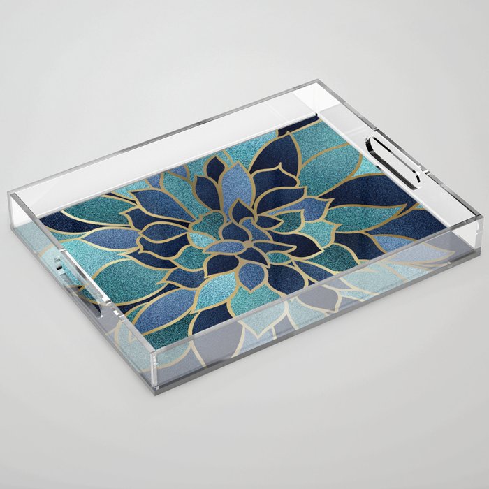 Festive, Floral Prints, Navy Blue, Teal and Gold Acrylic Tray